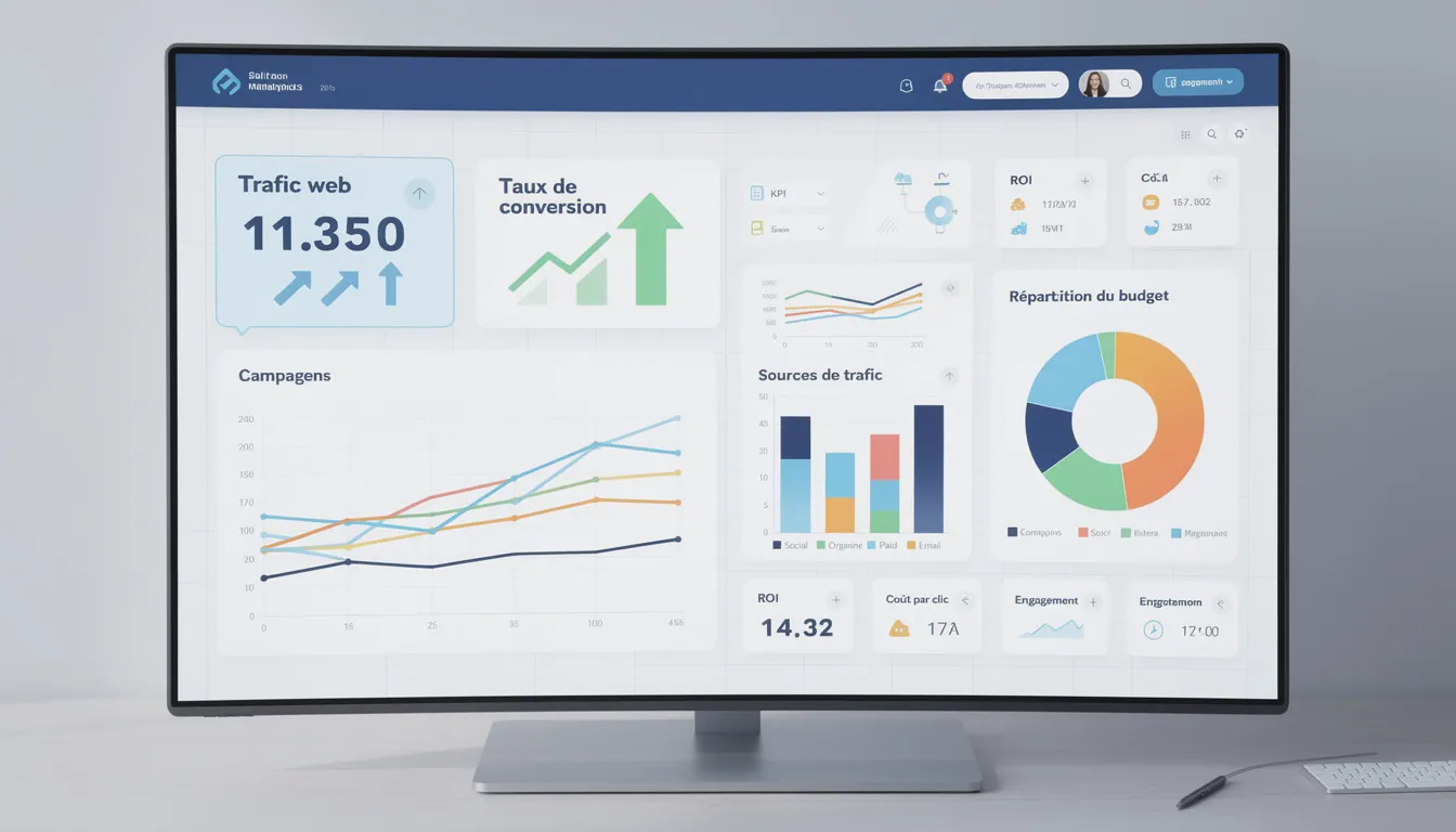 L'image montre un tableau de bord de marketing digital, présentant diverses métriques et graphiques qui analysent le comportement des consommateurs et les performances des campagnes sur les réseaux sociaux. Ce tableau est un outil essentiel pour les entreprises afin d'évaluer leurs stratégies marketing et d'atteindre leurs objectifs commerciaux.