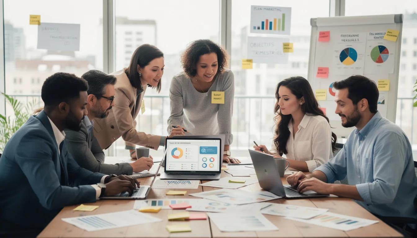 Une équipe marketing dynamique collabore autour d'une table, chacun utilisant un ordinateur portable, tandis que des graphiques et des présentations illustrent les stratégies marketing et les études de marché. Cette réunion vise à analyser les besoins des consommateurs et à définir des actions pour atteindre les objectifs de l'entreprise.