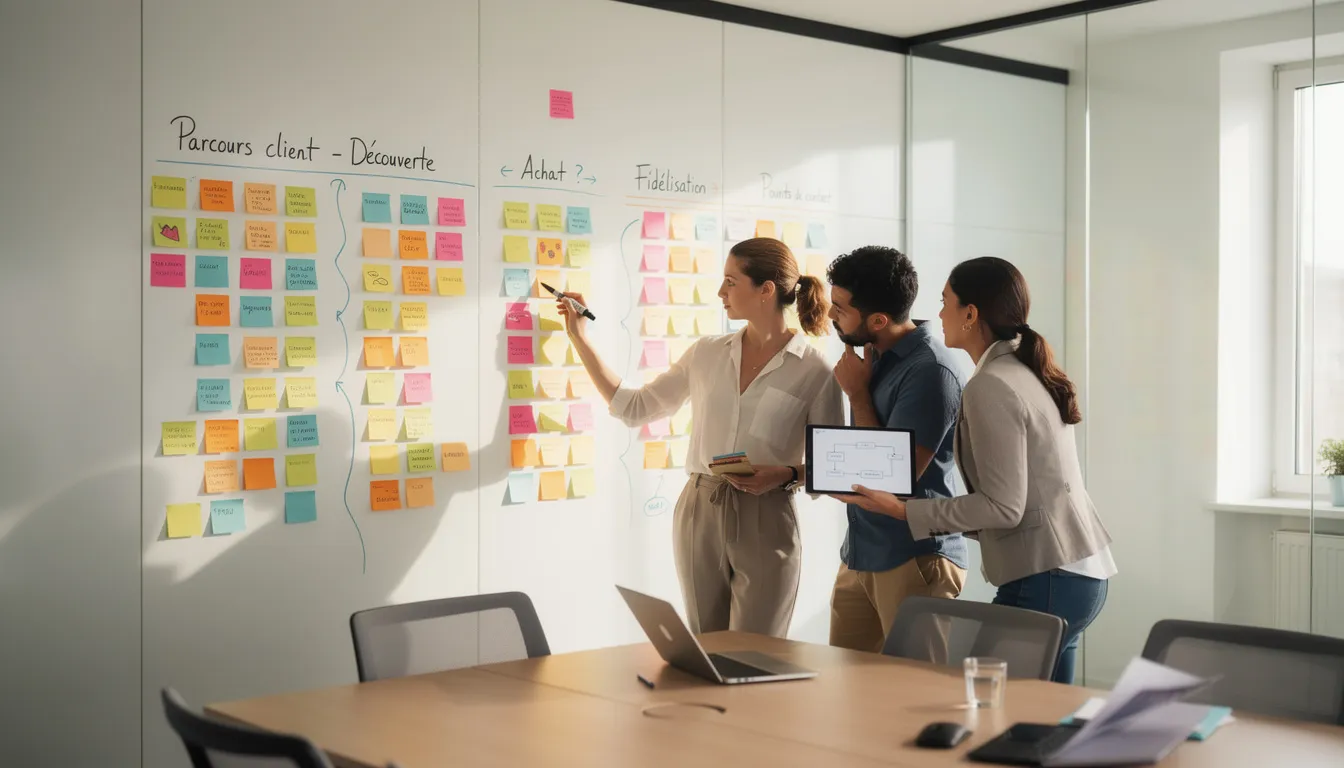 Une équipe de professionnels du marketing est réunie autour d'un tableau blanc, où ils analysent des parcours clients à l'aide de post-its colorés. Cette séance collaborative vise à identifier les besoins des consommateurs et à définir des stratégies marketing adaptées pour améliorer l'expérience client et optimiser les actions de l'entreprise.