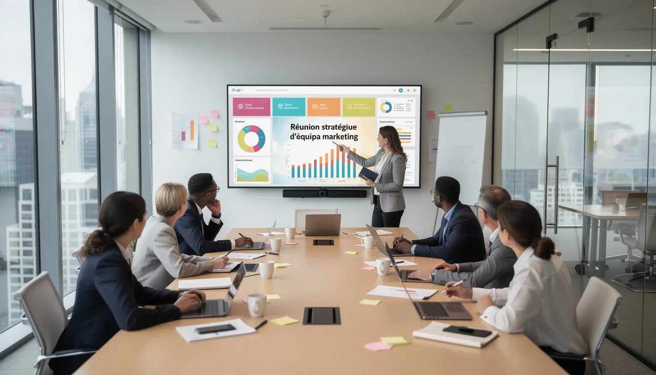 Une réunion stratégique d'équipe marketing se déroule dans un bureau moderne, où des employés discutent des enjeux liés aux besoins des consommateurs et des objectifs de l'entreprise. Des graphiques et des notes sont visibles sur la table, illustrant des études de marché et des stratégies marketing pour améliorer la satisfaction client et optimiser les actions de communication.